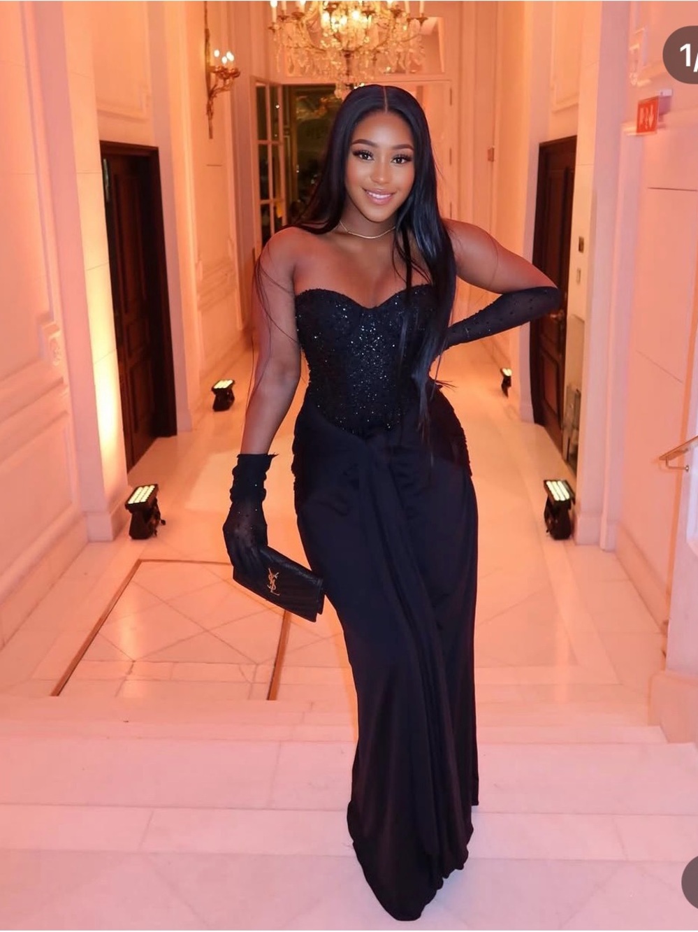Strapless Black Sequin Evening Gown by